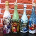 Декор бутылок: декупаж, покраска, мастер-класс (фото) Декупаж бутылки салфетками из цветами